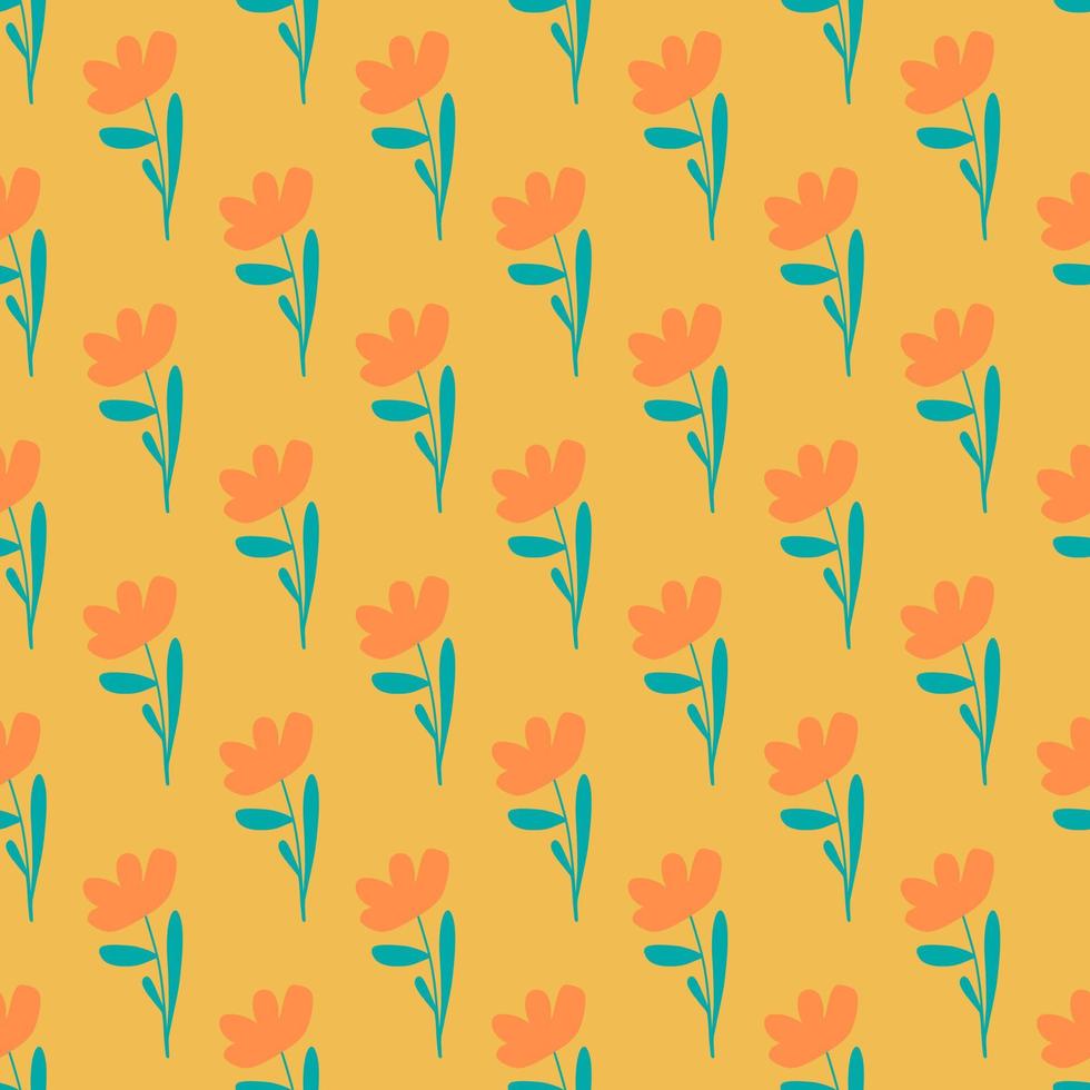 Orange cute simple flowers elements seamless doodle pattern. Yellow background. Summer print. vector
