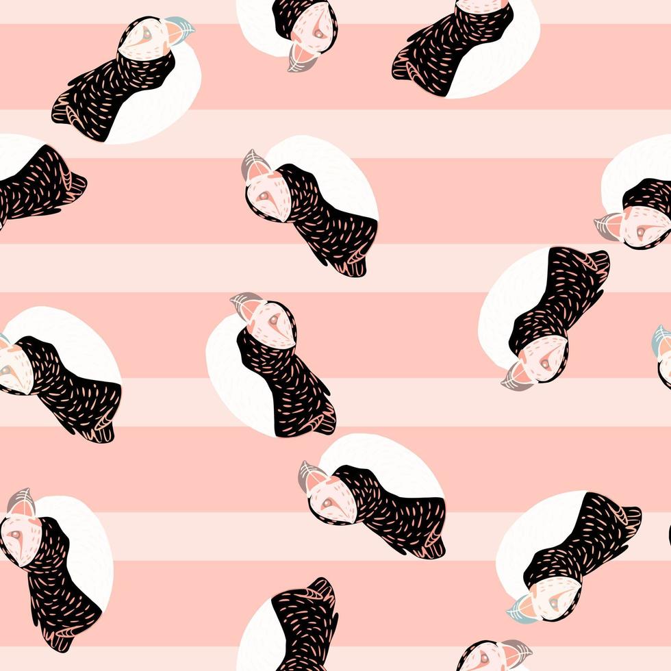 Random childish style seamless pattern with black and white colored puffrin ornament. Pink striped background. vector