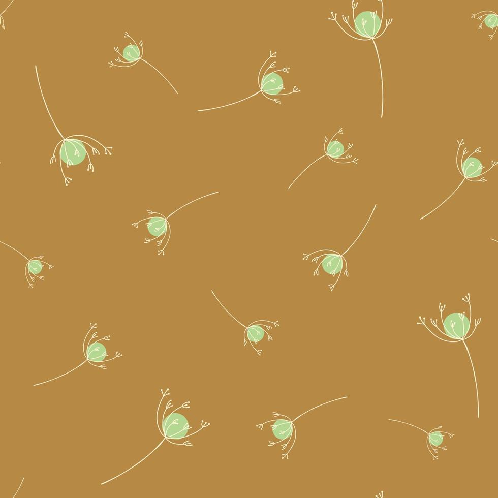 Herbal seamless pattern with green random yarrow flowers elements. Brown light background. vector