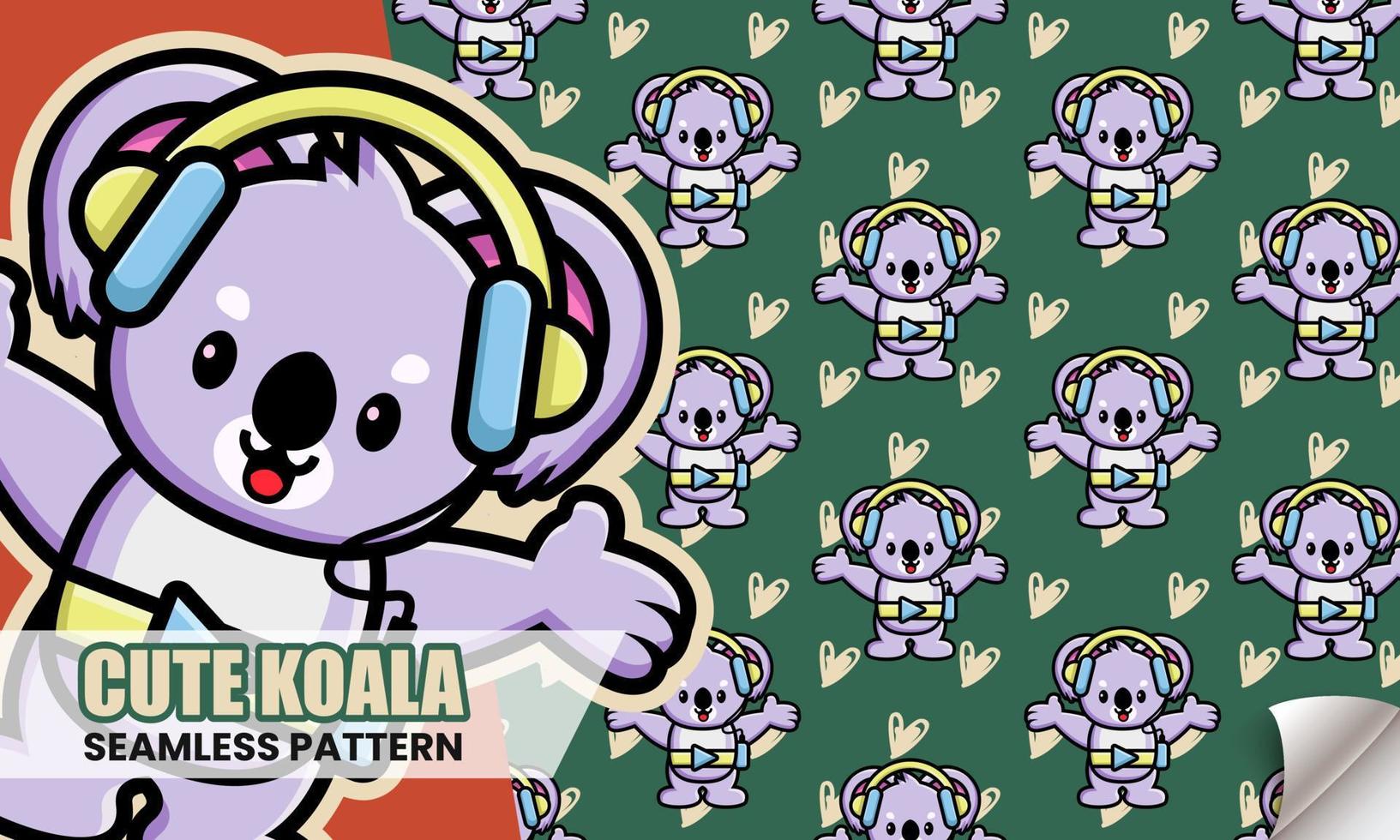 Cute koala listening music with headphone seamless pattern vector