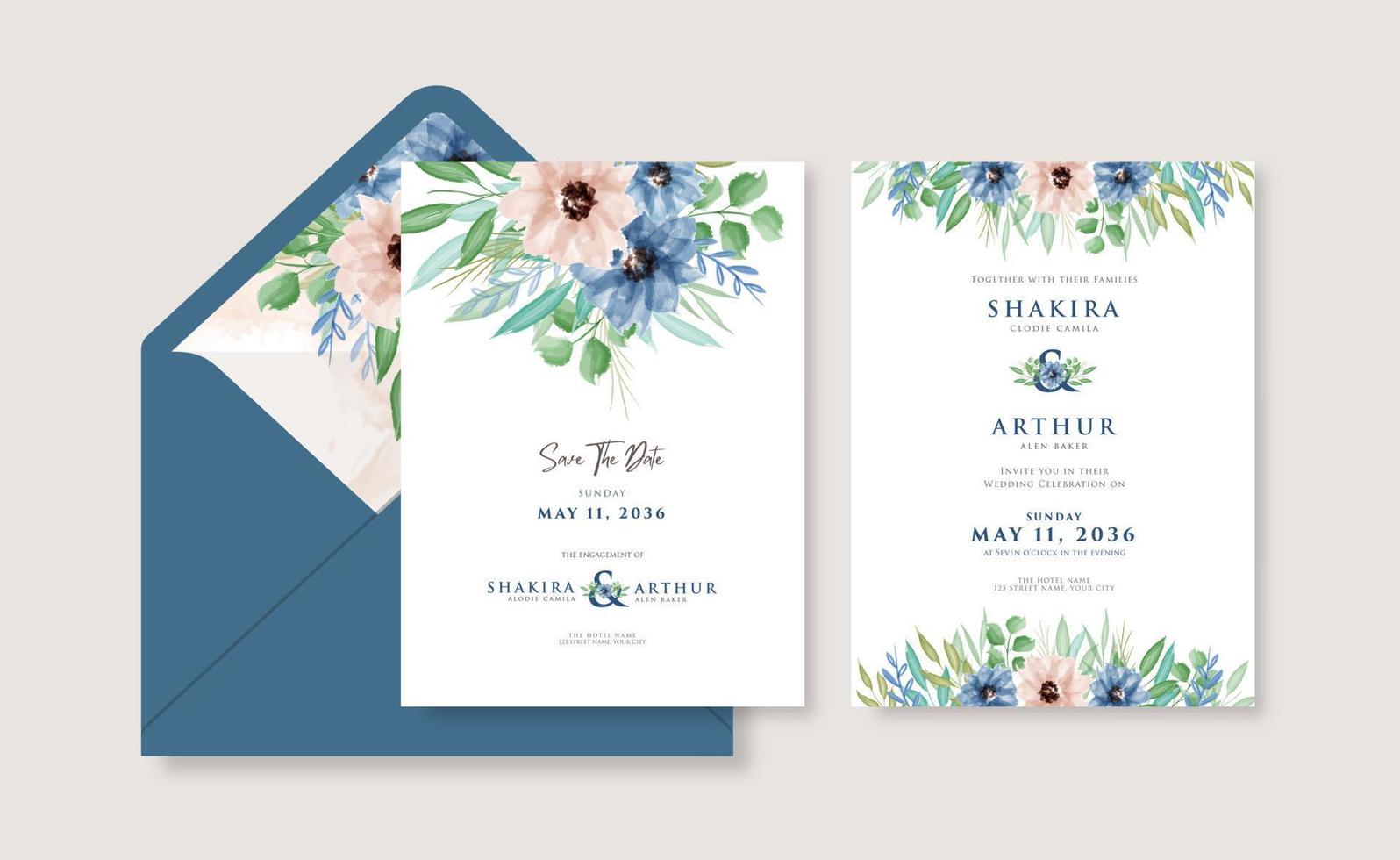 hermosa invitación de boda con ramo floral romántico acuarela vector