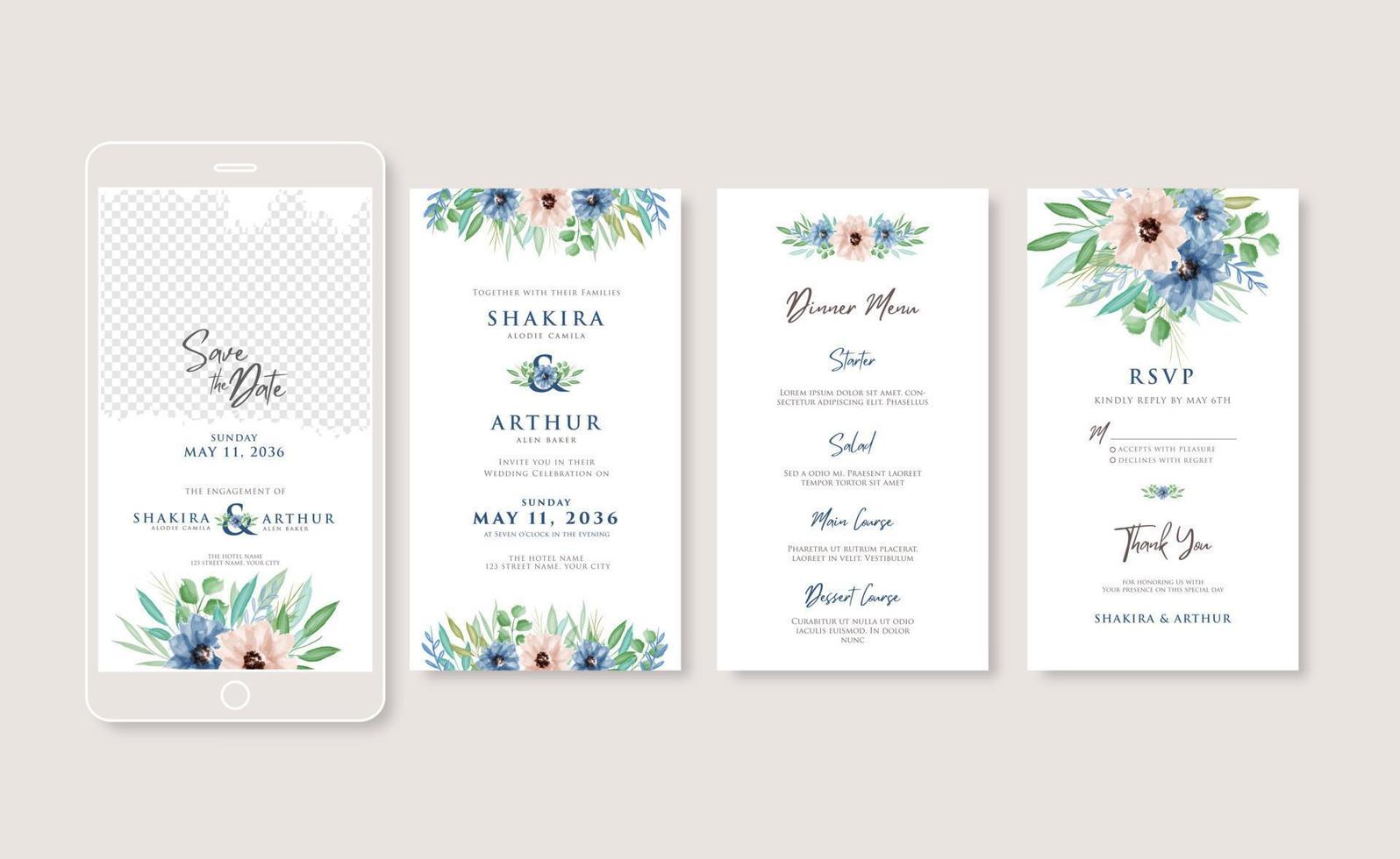 hermosa y romántica invitación de boda floral en acuarela para móvil vector