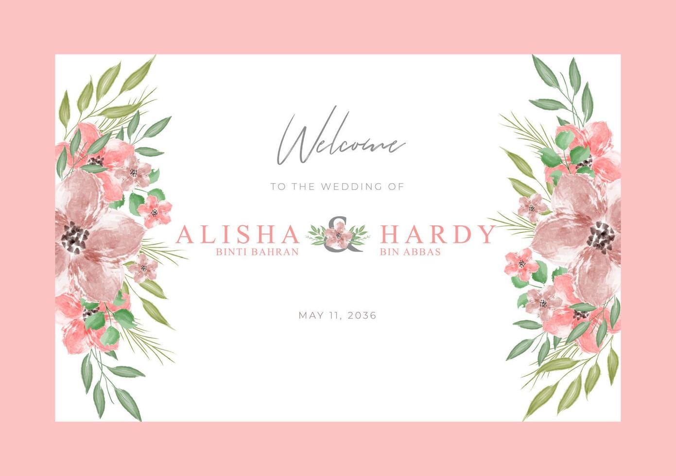 romántico cartel de bienvenida boda con hermosa acuarela floral vector