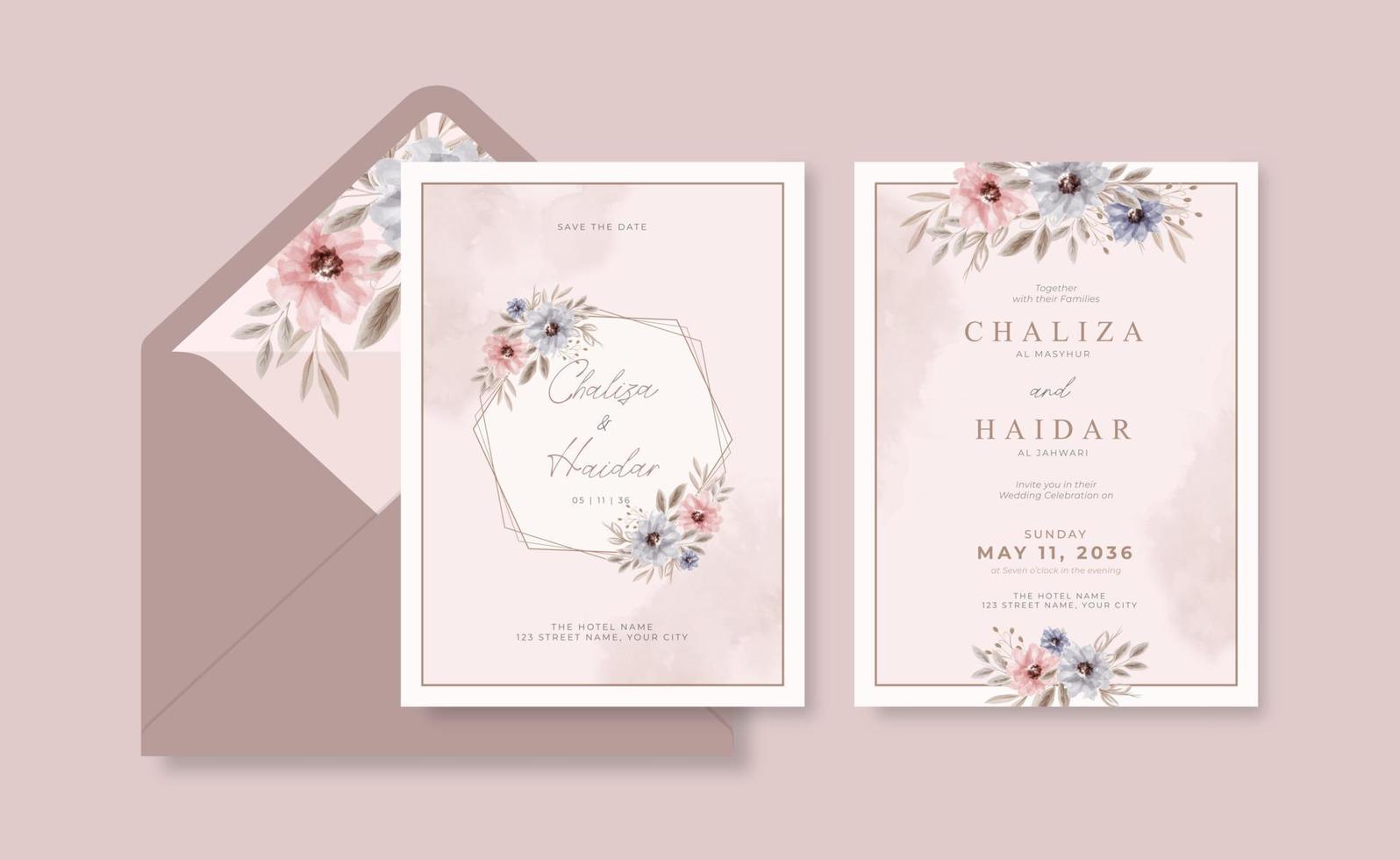 Soft floral watercolor wedding invitation template vector