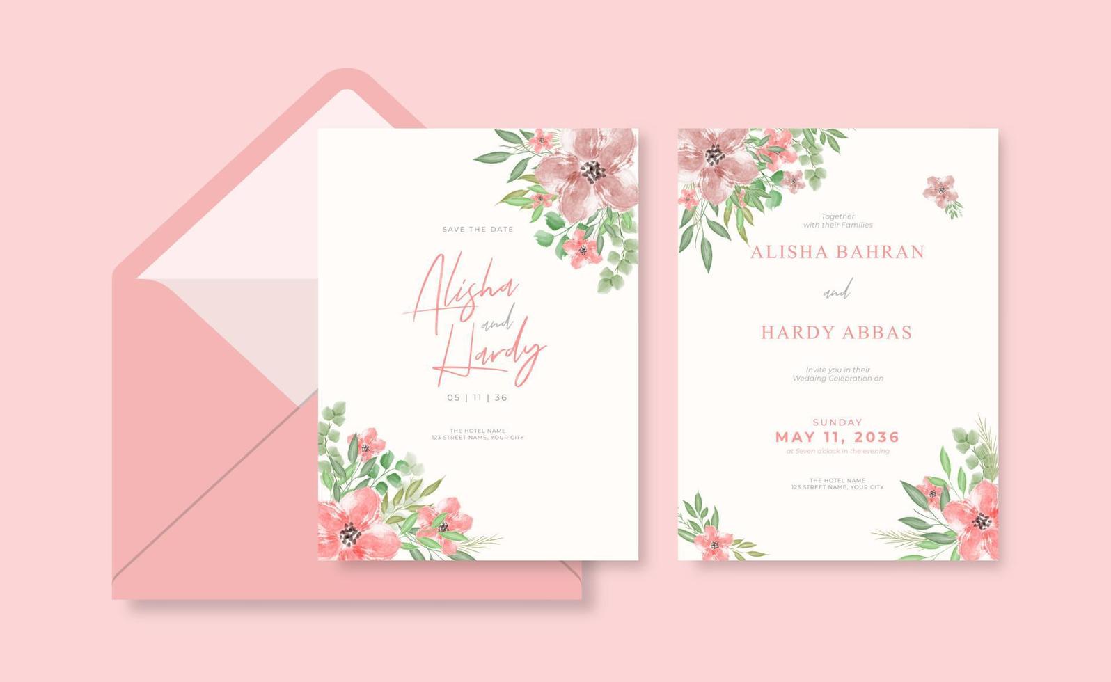 Romantic watercolor wedding invitation template with envelope vector