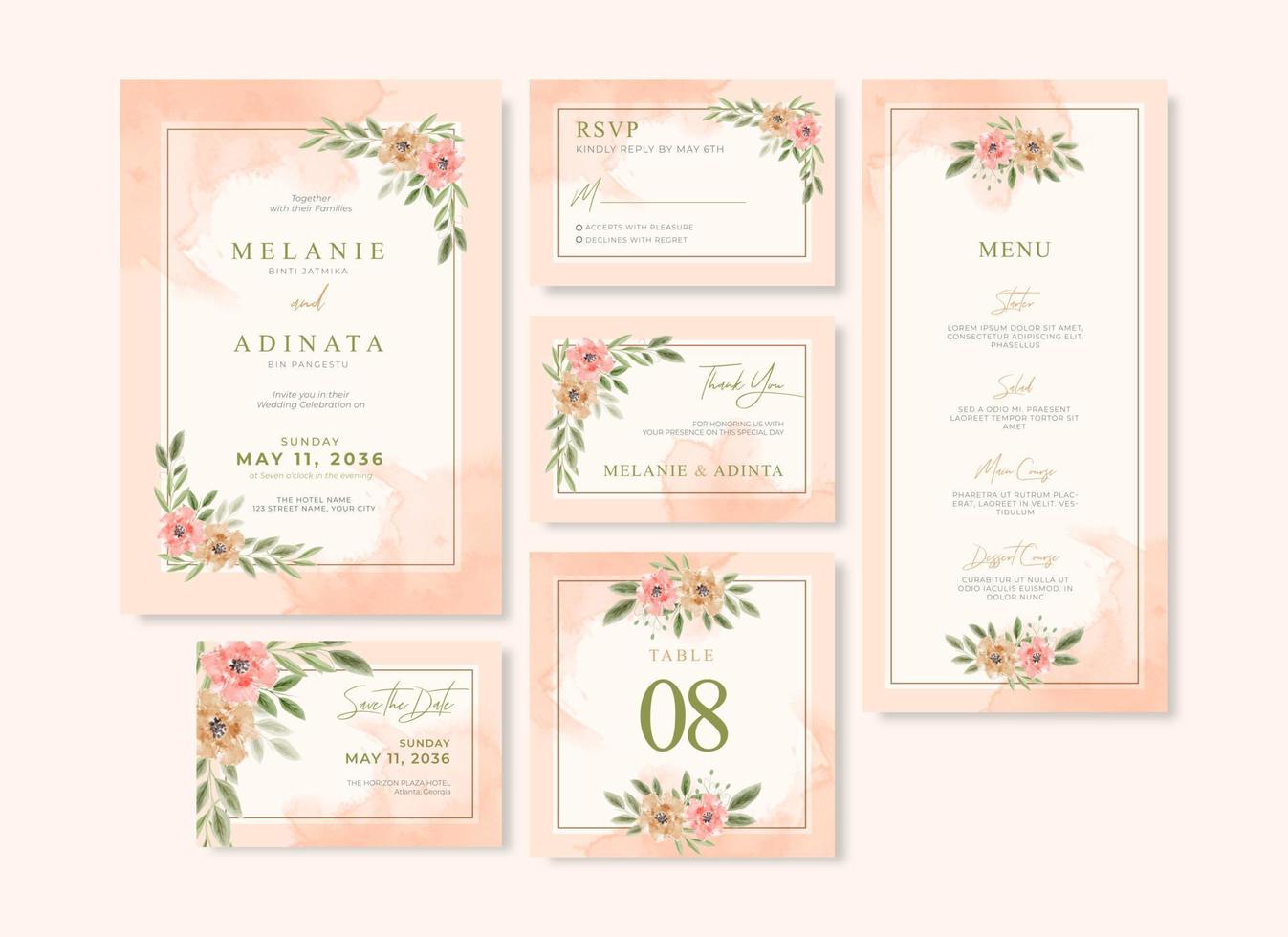 Beautiful hand painted wedding stationery collection with floral watercolor vector