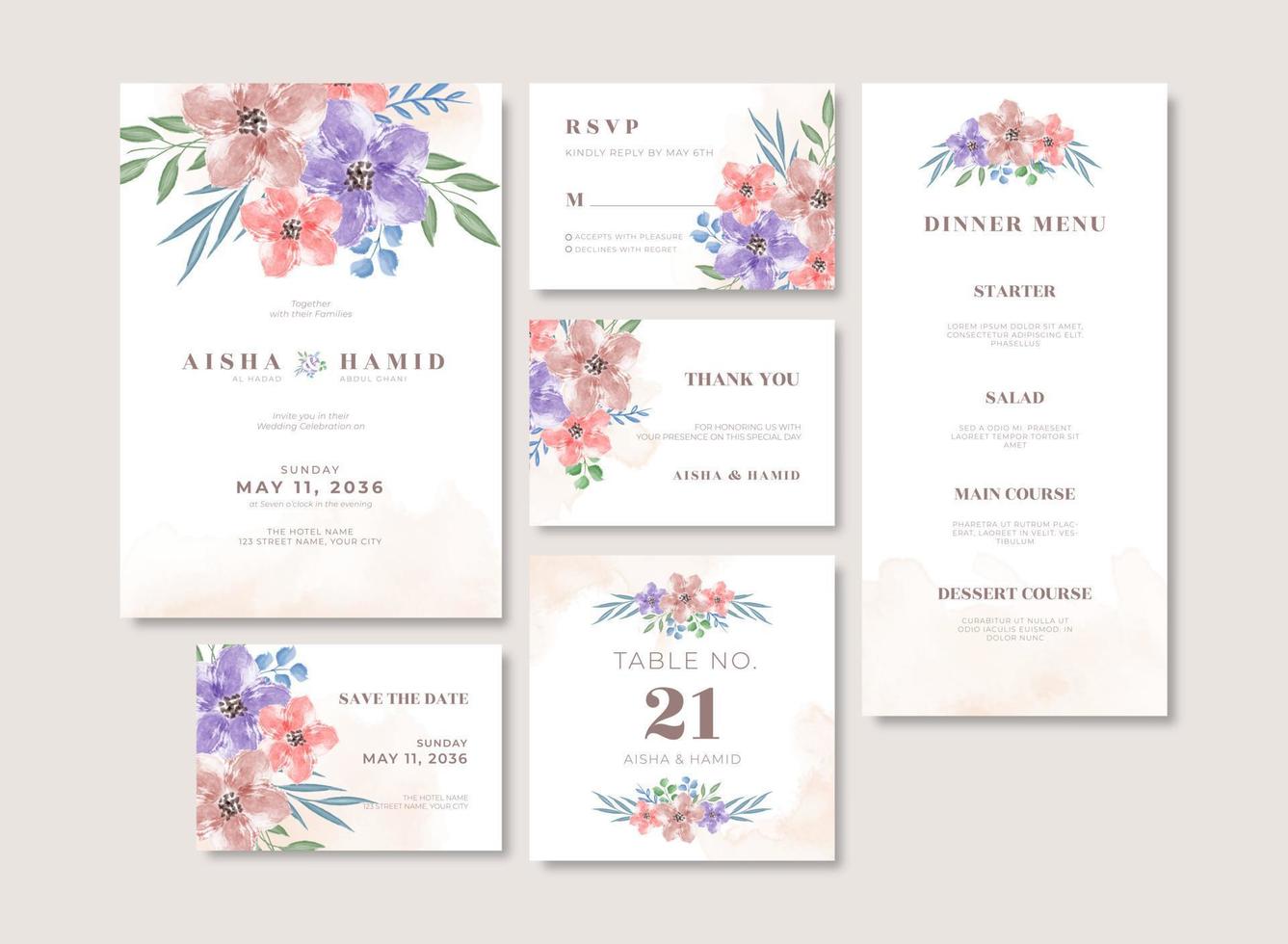 conjunto de plantilla de papelería de boda romántica con hermosa acuarela floral vector