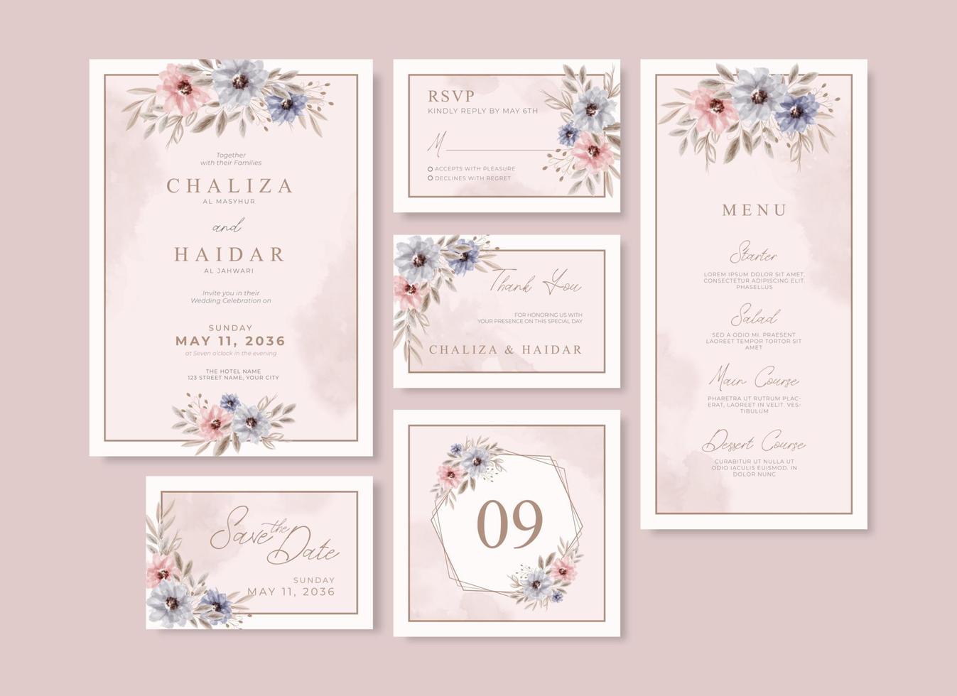 Soft floral watercolor wedding stationery collection vector