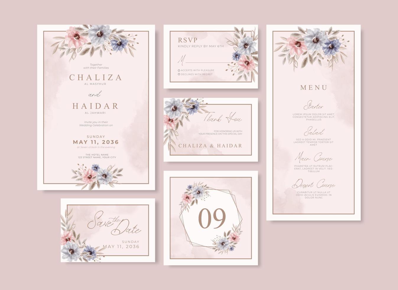 colección de papelería de boda de acuarela floral suave vector