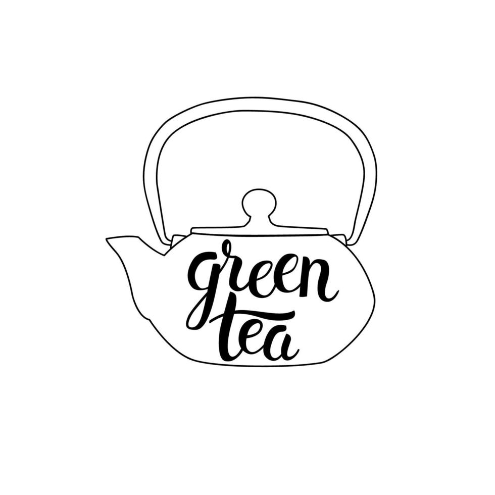 letras de té verde y tetera. caligrafía dibujada a mano y frase de letras de pincel. vector