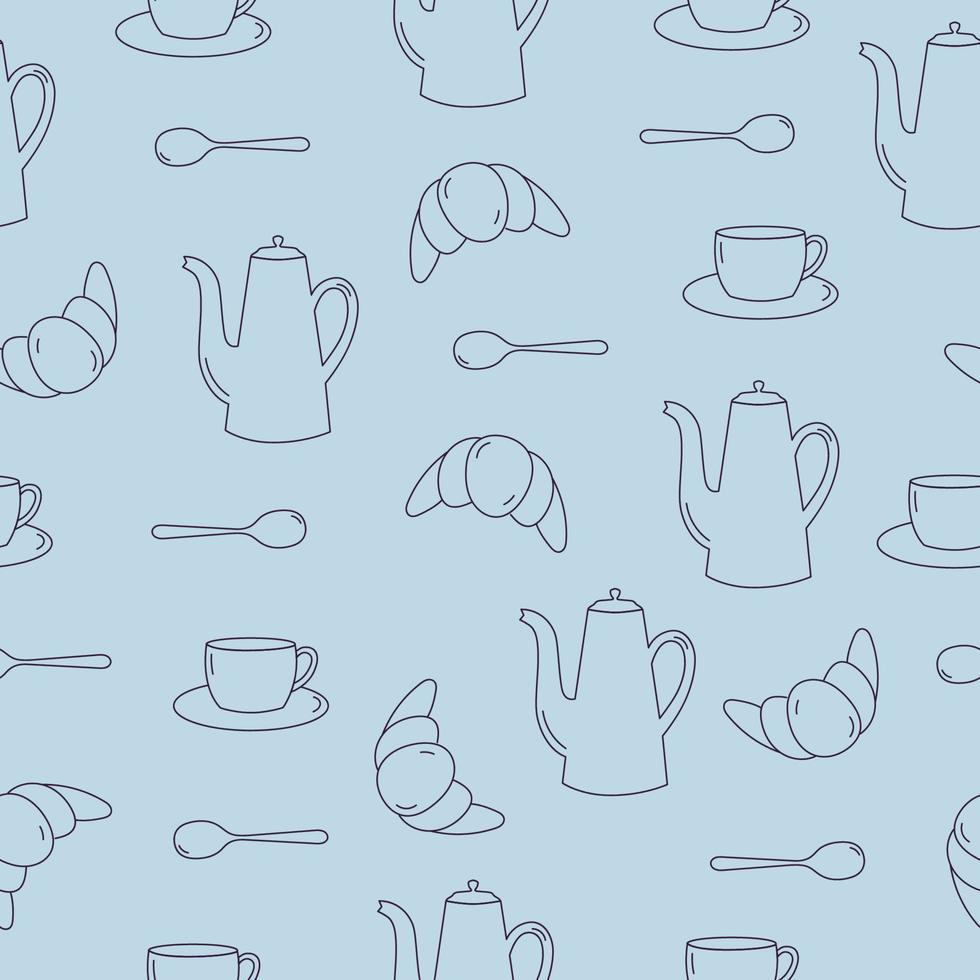 Seamless pattern of line art teapot, cup, spoon and croissant. Dark blue objects on blue background. vector