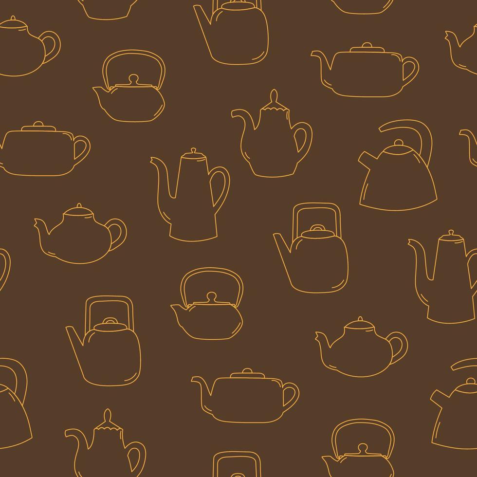 Seamless pattern of line art teapot. Yellow objects on brown background vector