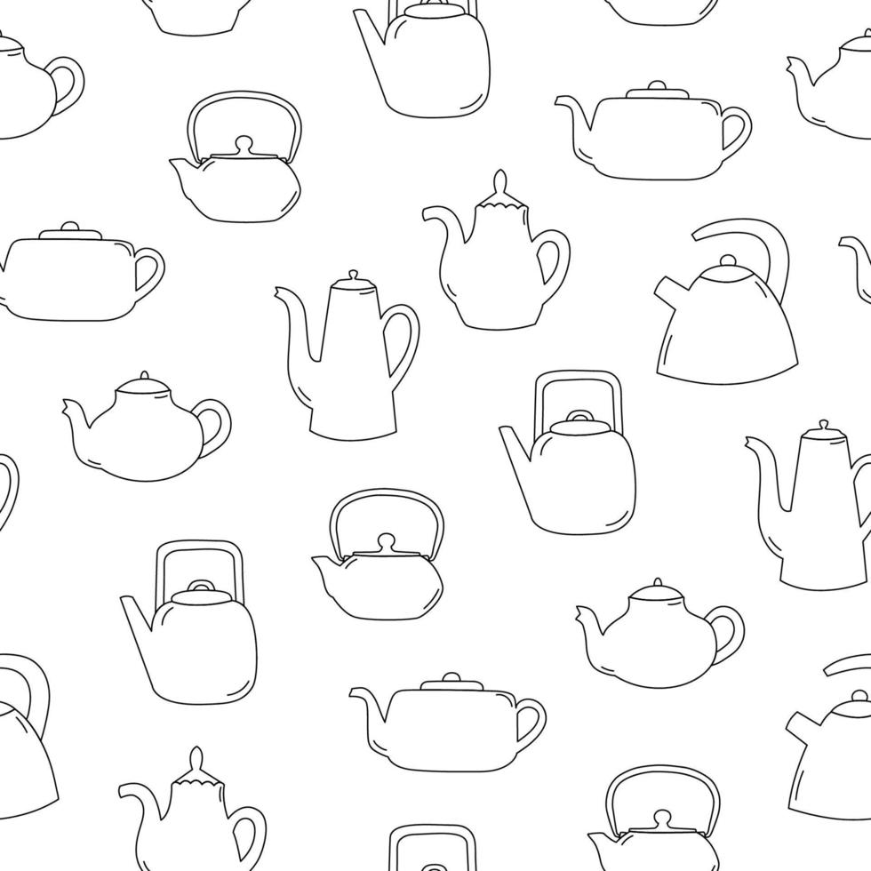 Seamless pattern of line art teapot. Black objects on white background vector
