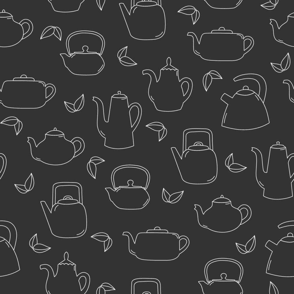 Seamless pattern of line art teapot and leaves. White objects on grey background vector