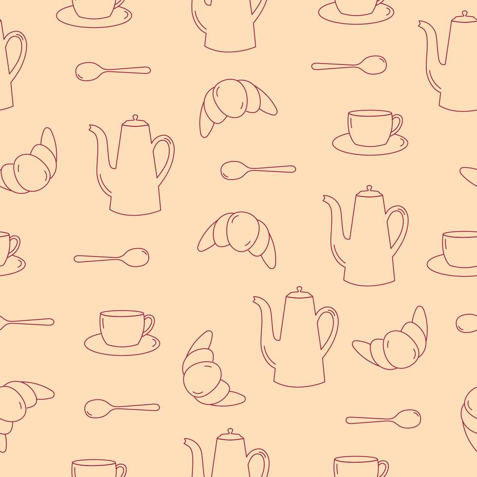 Seamless pattern of line art teapot, cup, spoon and croissant. Red objects on pink background. vector