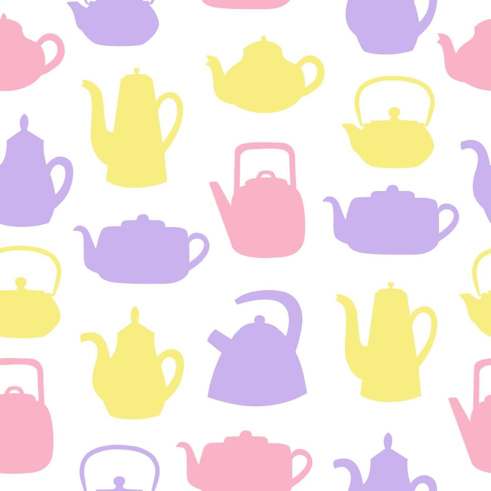 Teapots and kettles seamless pattern. Colorful objects on white background vector