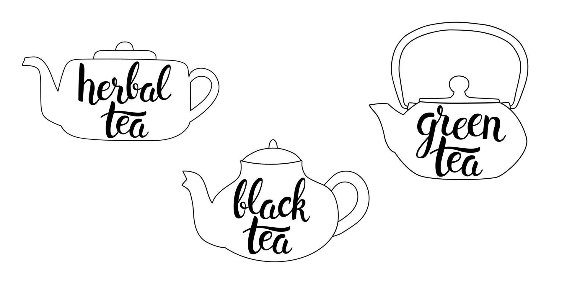 té de hierbas, té negro y letras de té verde. conjunto de frases de letras dibujadas a mano y teteras de arte lineal. vector