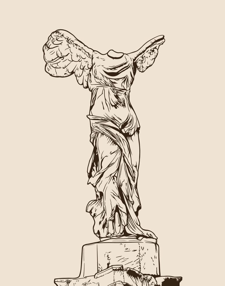 Winged Victory of Samothrace in black and white vector illustration