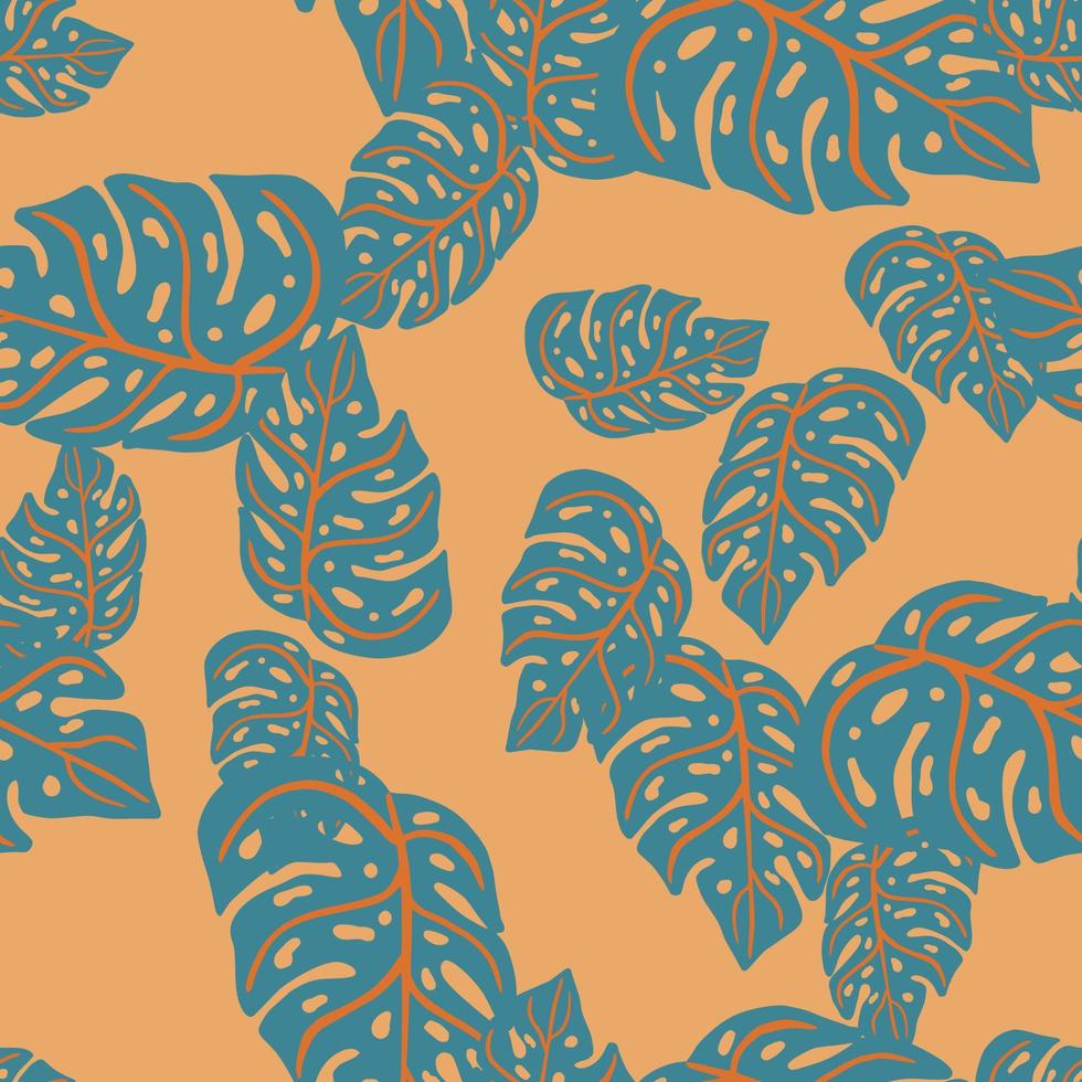 Random seamless pattern with pale navy blue monstera shapes print. Beige background. Simple design. vector