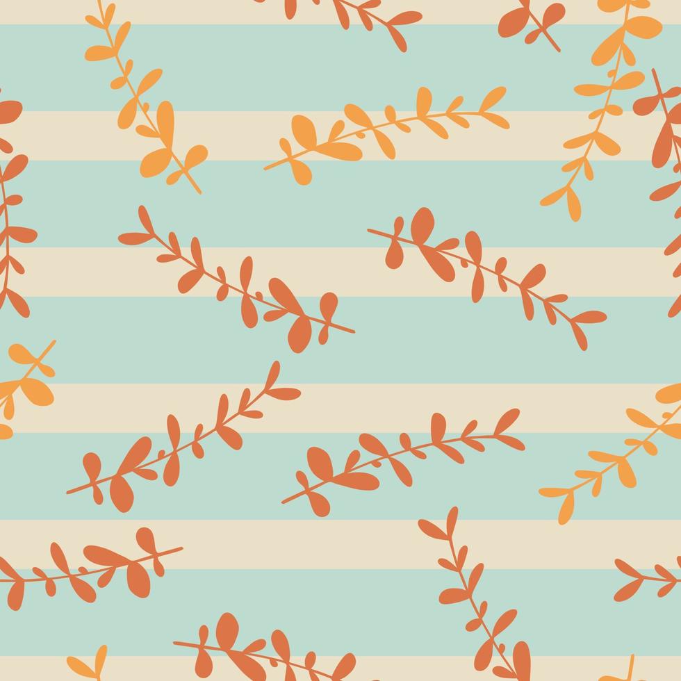 Abstract herbal seamless pattern with random orange eucalyptus shapes. Blue striped background. vector