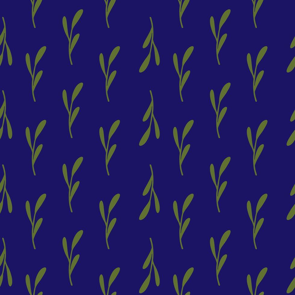 Random green minimalistic branches seamless pattern. Bright navy blue background. Simple style. vector