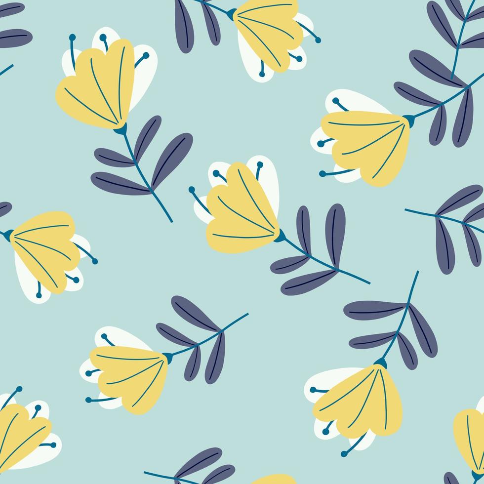 siluetas de flores amarillas al azar patrón sin costuras en estilo de fideos. fondo azul pastel. vector