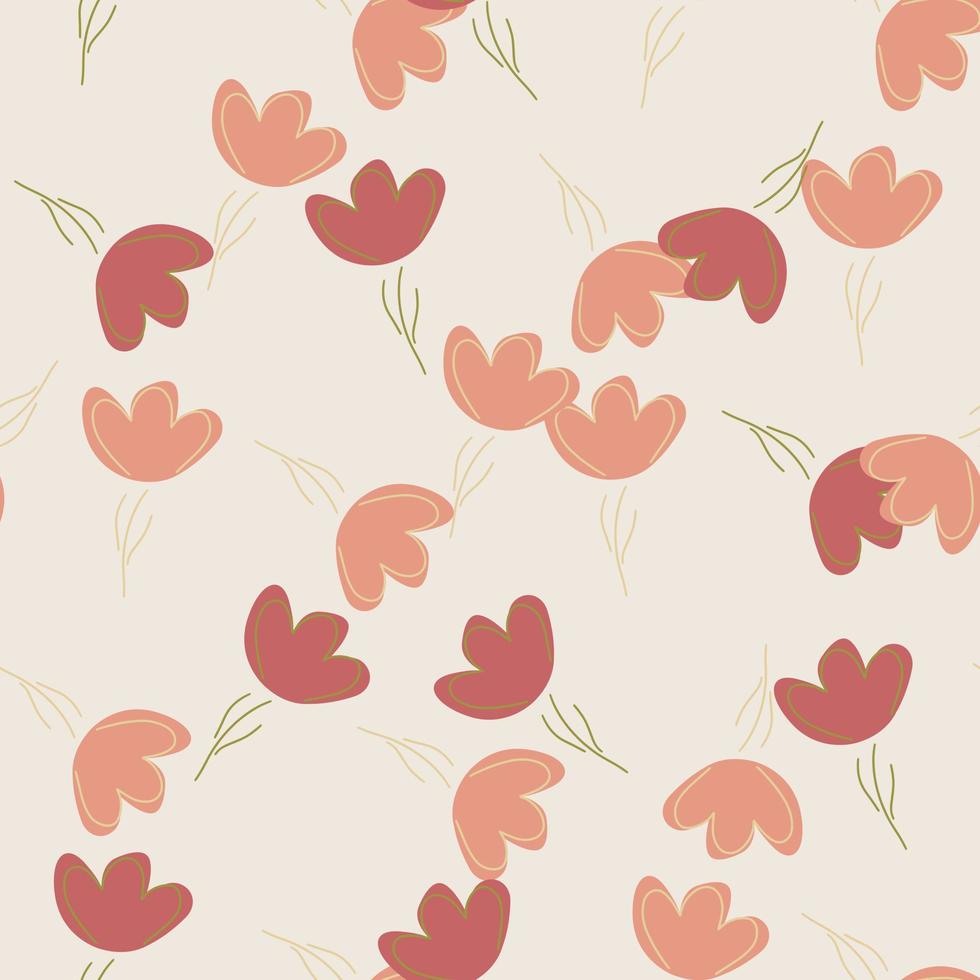 Summer seamless pattern with pink random outline flowers elements print. Grey pastel background. vector
