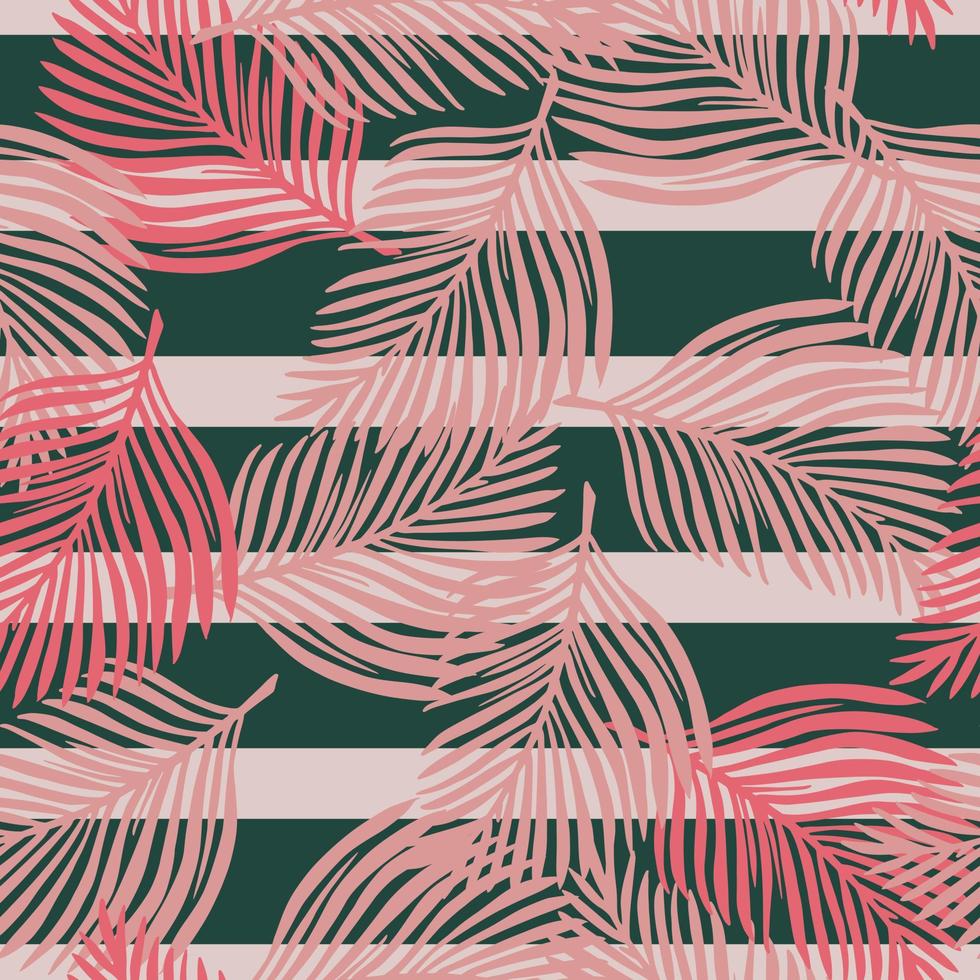 Tropic foliage seamless pattern with doodle random pink fern foliage silhouettes. Striped background. vector