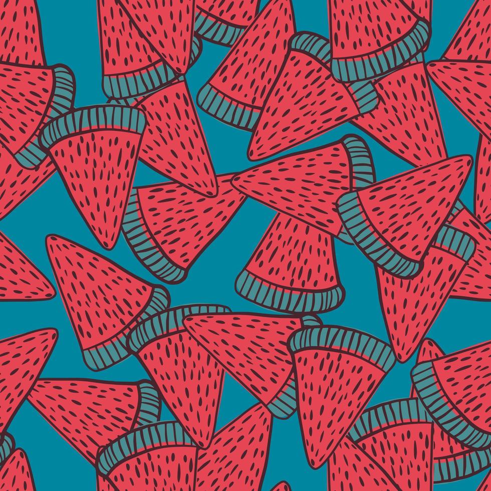 Decorative seamless pattern with doodle berry watermelon shapes. Blue background. Random backdrop. vector