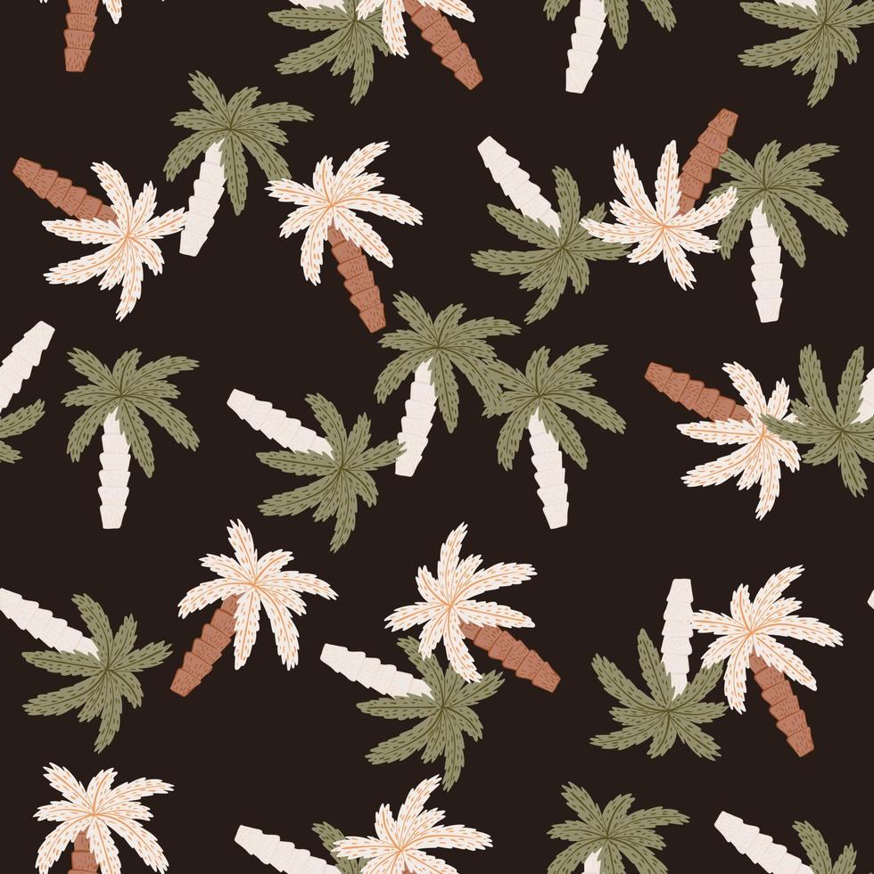 Cartoon seamless pattern with green and white colored palm tree print. Dark brown background. vector