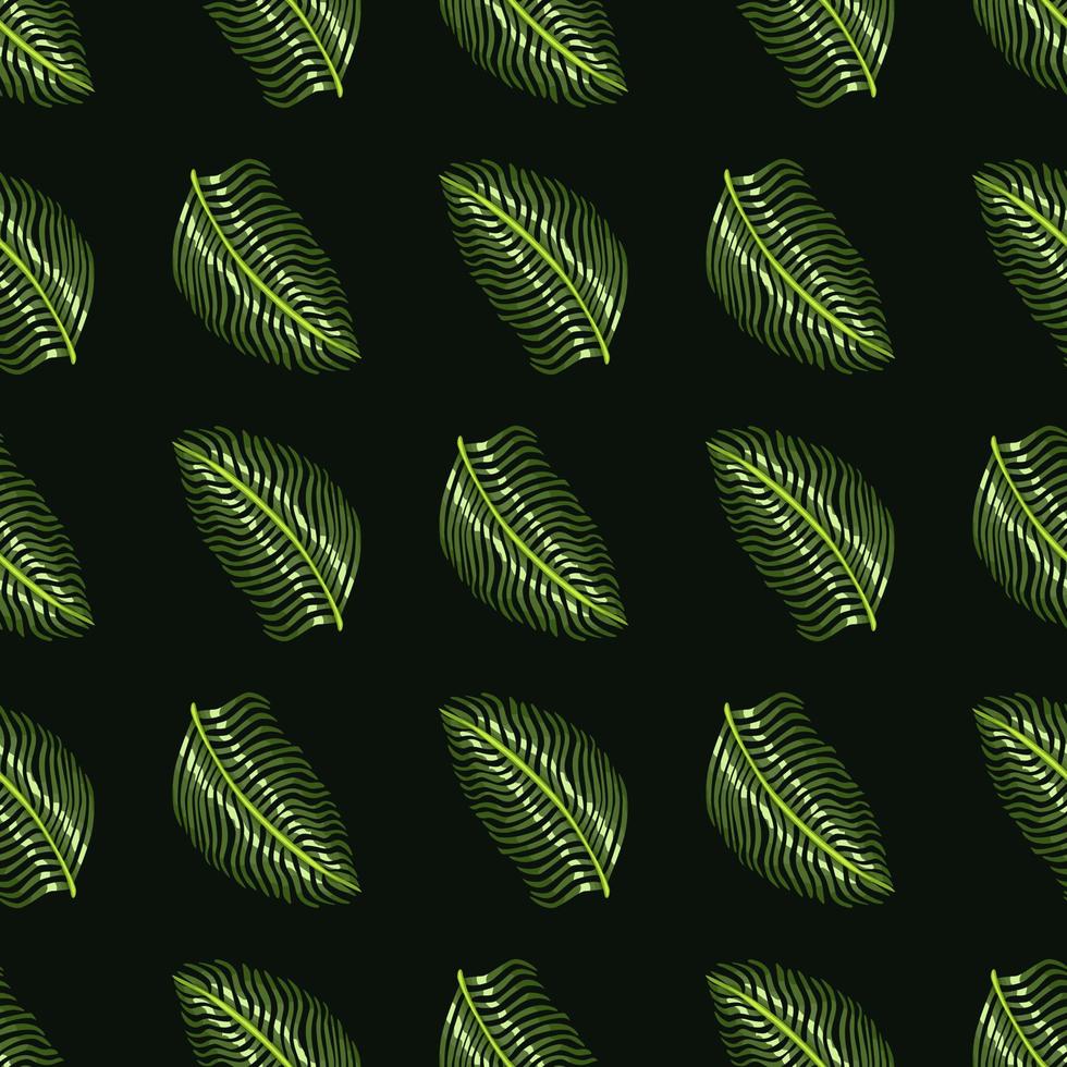 Dark jungle nature seamless pattern with doodle green fern leaves print. Black background. Simple style. vector