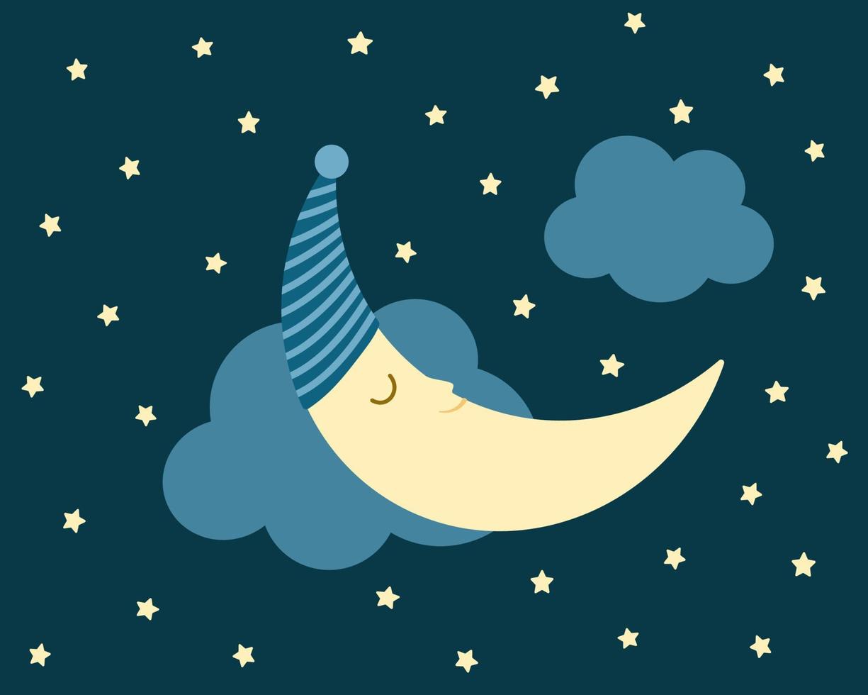 World day of sleep, night starry sky, inscription, sleeping month in a cap. For banner, poster, flyer, postcard vector