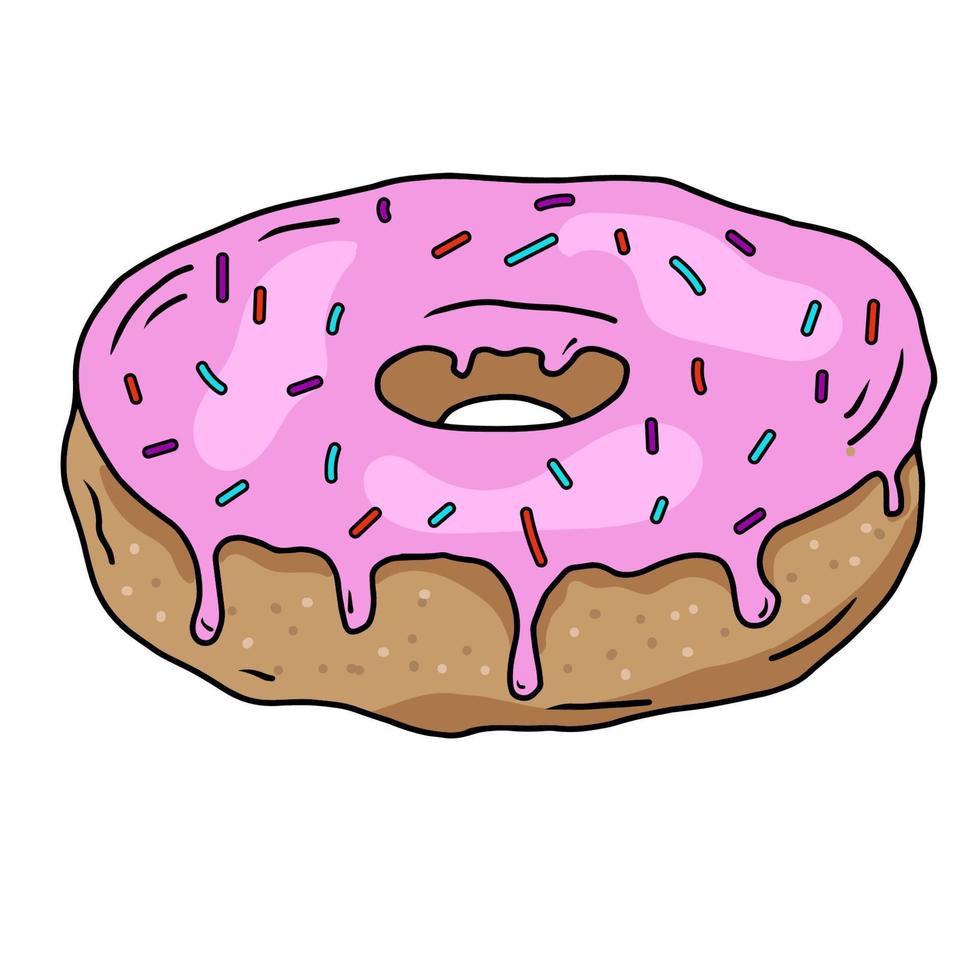 Doughnut with pink cream and a sprinkle of colored. Sweet pastries, hand-drawn drawing. Doodles.For printing on paper, fabric. Vector