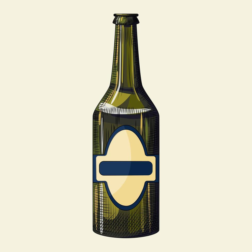 botella de cerveza verde dibujada a mano aislada en un fondo claro. estilo grabado vintage. vector