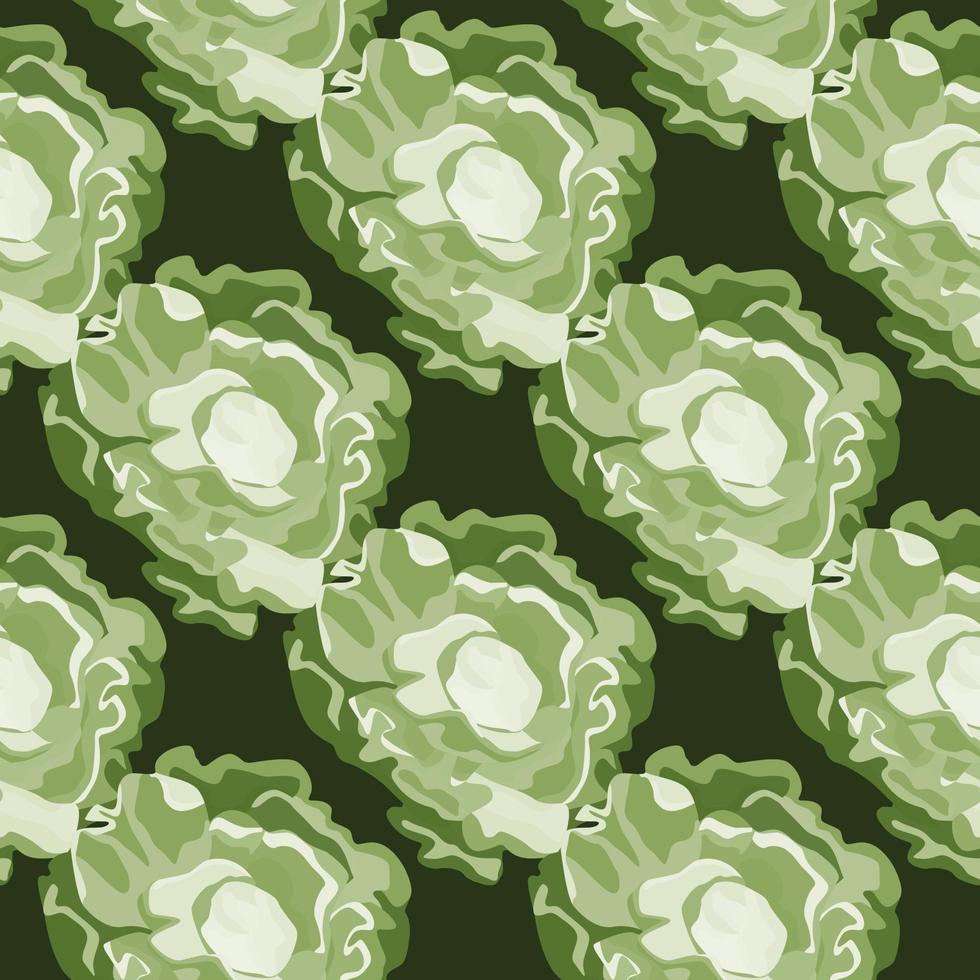 Seamless pattern Butterhead salad on dark green background. Abstract ornament with lettuce. vector