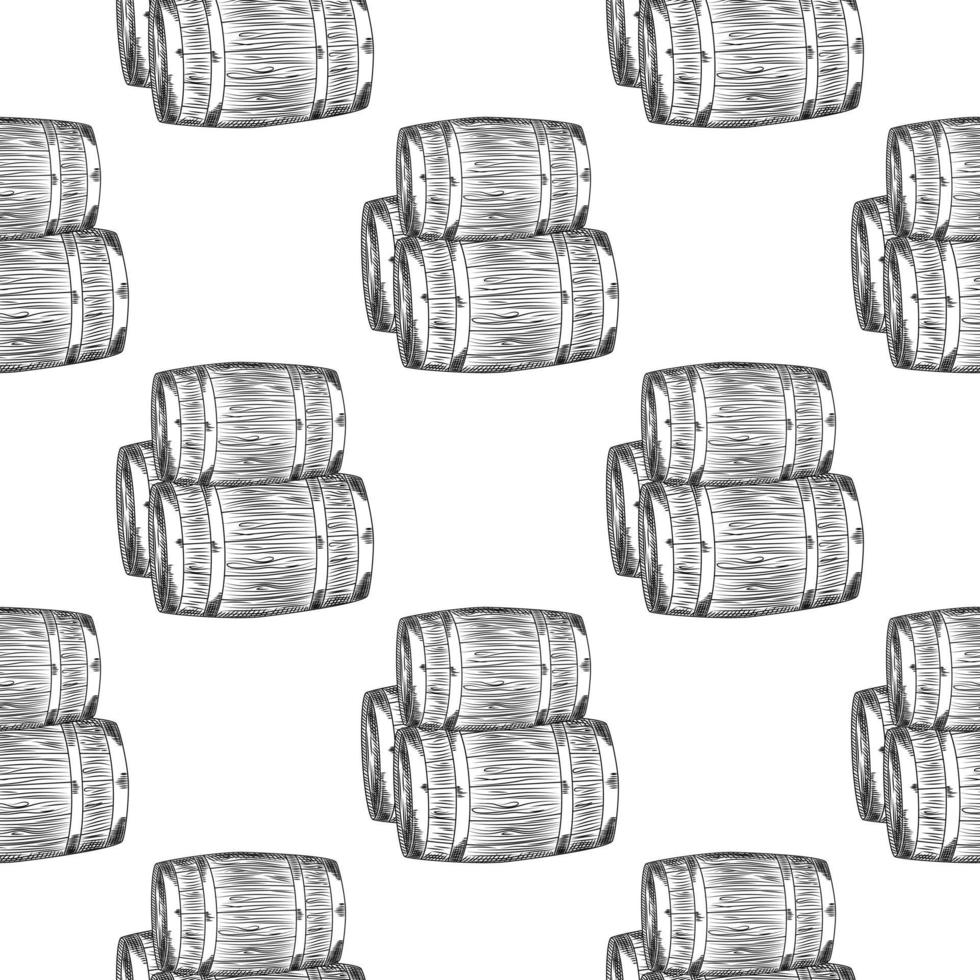 Hand drawn wood barrel seamless pattern on white background. vector