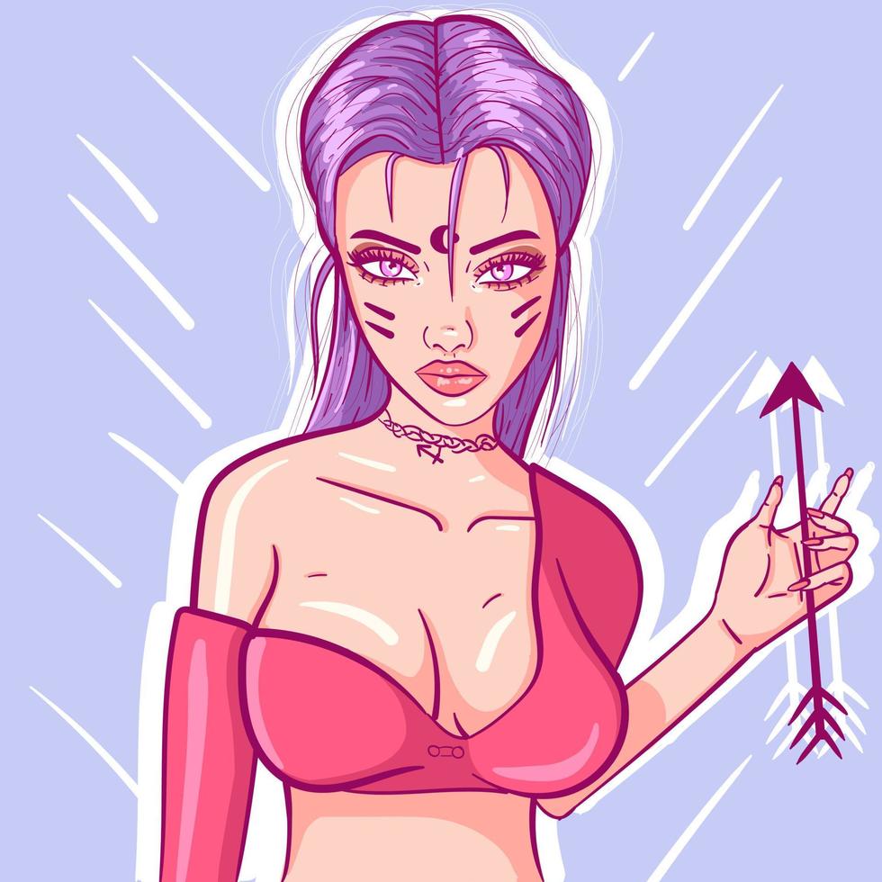 arte conceptual de una joven sagitario con el pelo morado y una flecha en la mano. signo zodiacal astrológico de una niña. Serie de dibujos de astrología. vector