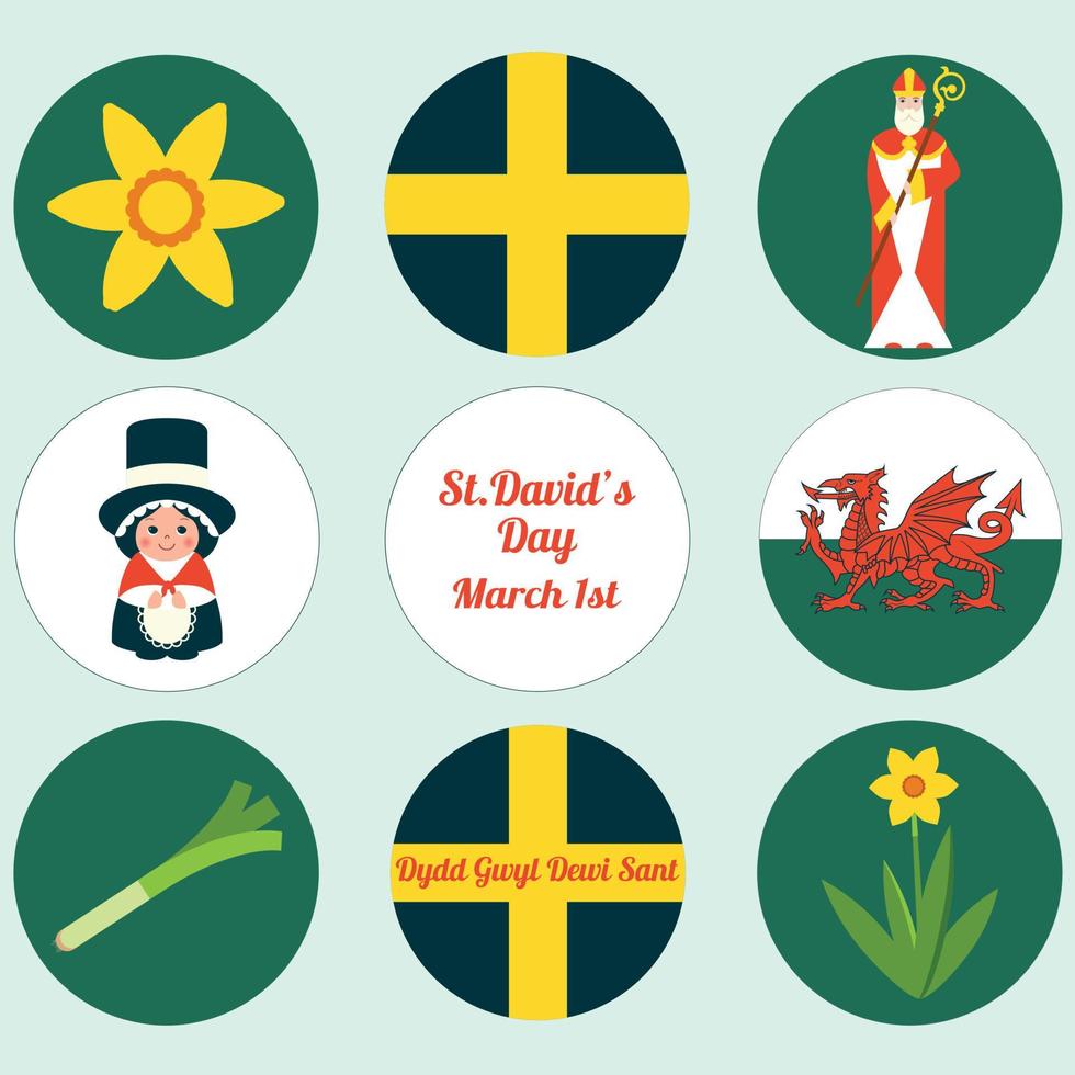 Saint David Day card with daffodils dragon and Welsh flag vector