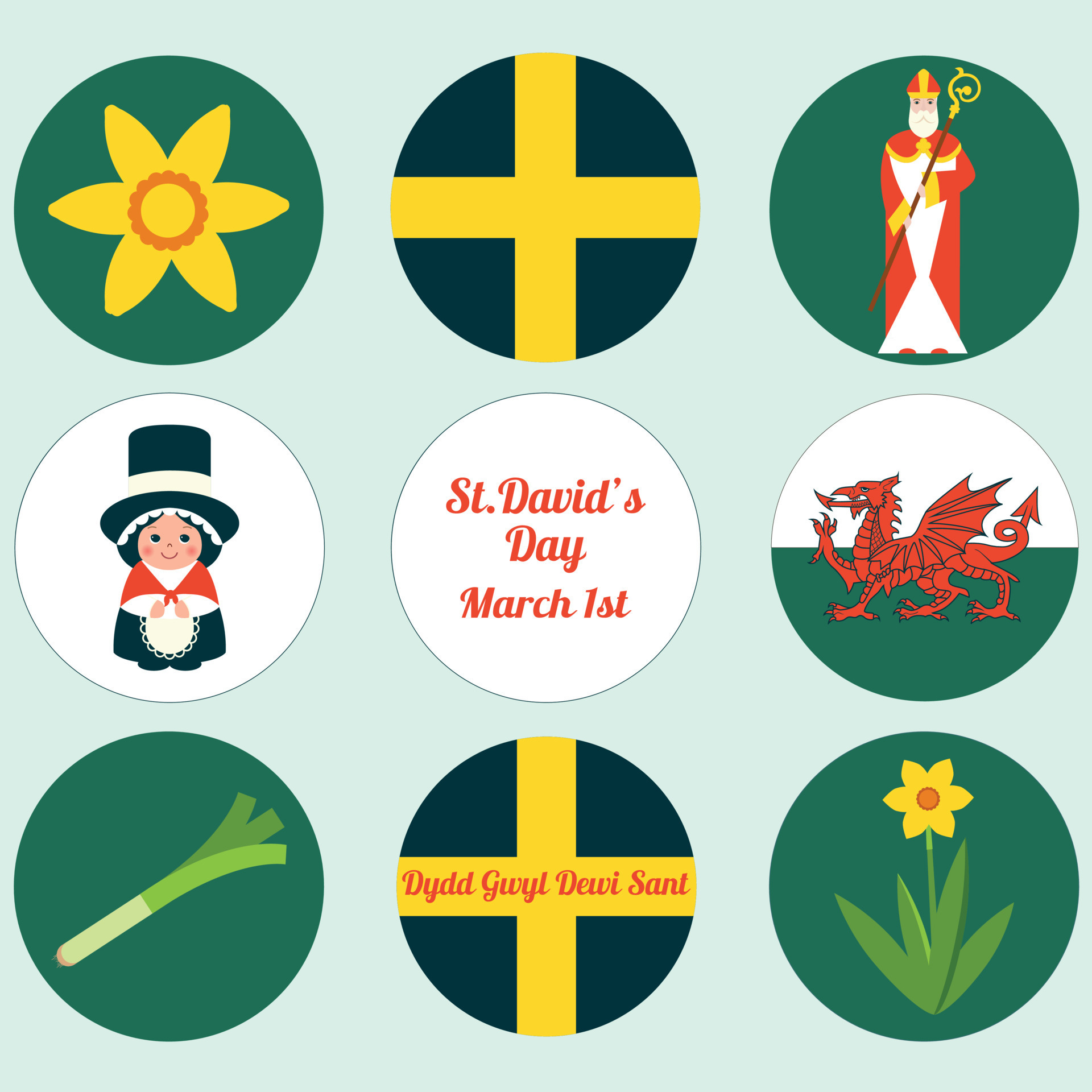 Saint David Day card with daffodils dragon and Welsh flag 5695184
