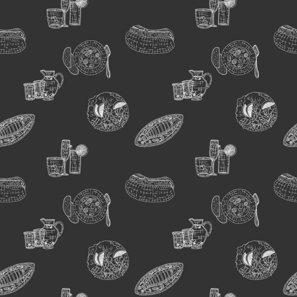 sketch pattern with sea food on dark background vector