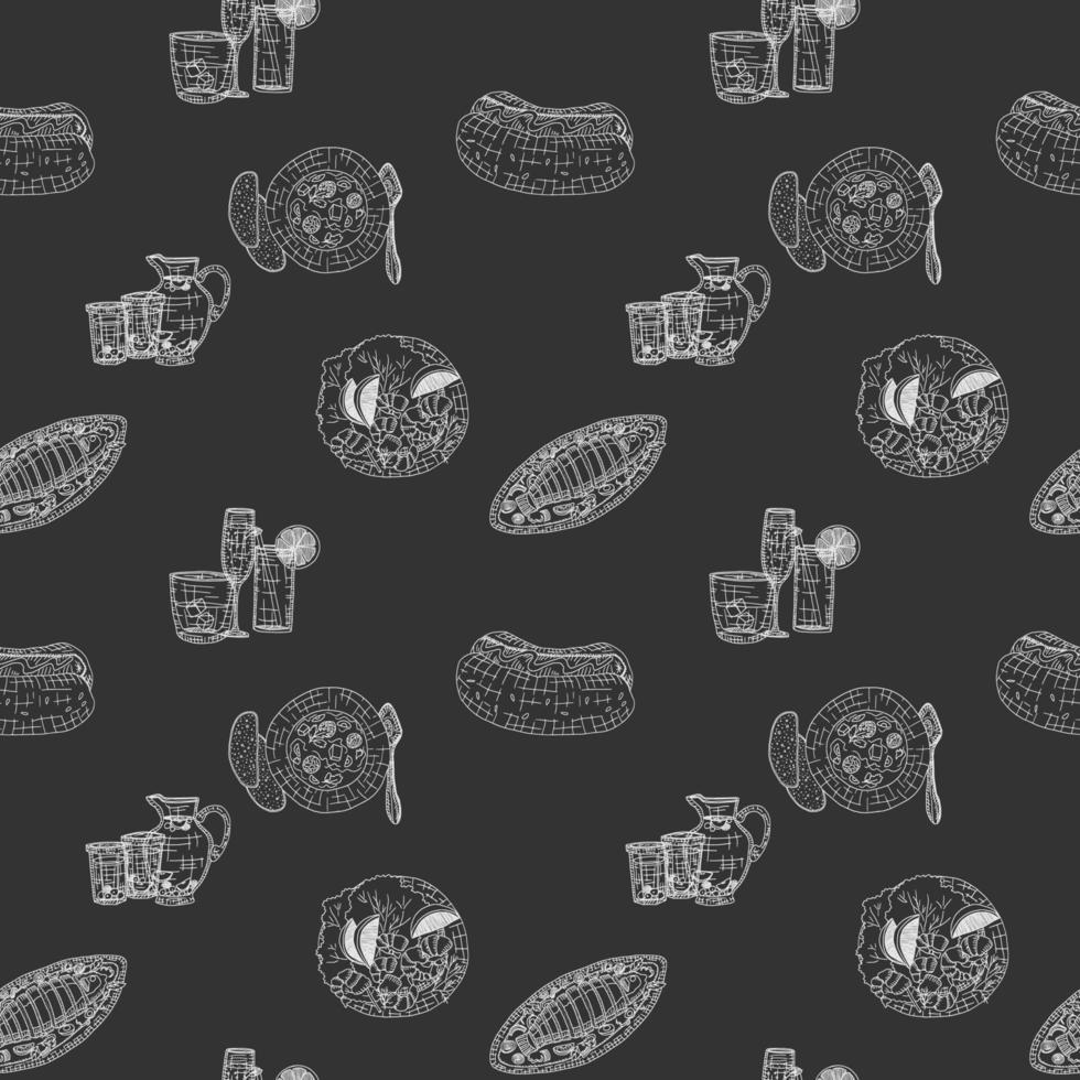 sketch pattern with sea food on dark background vector