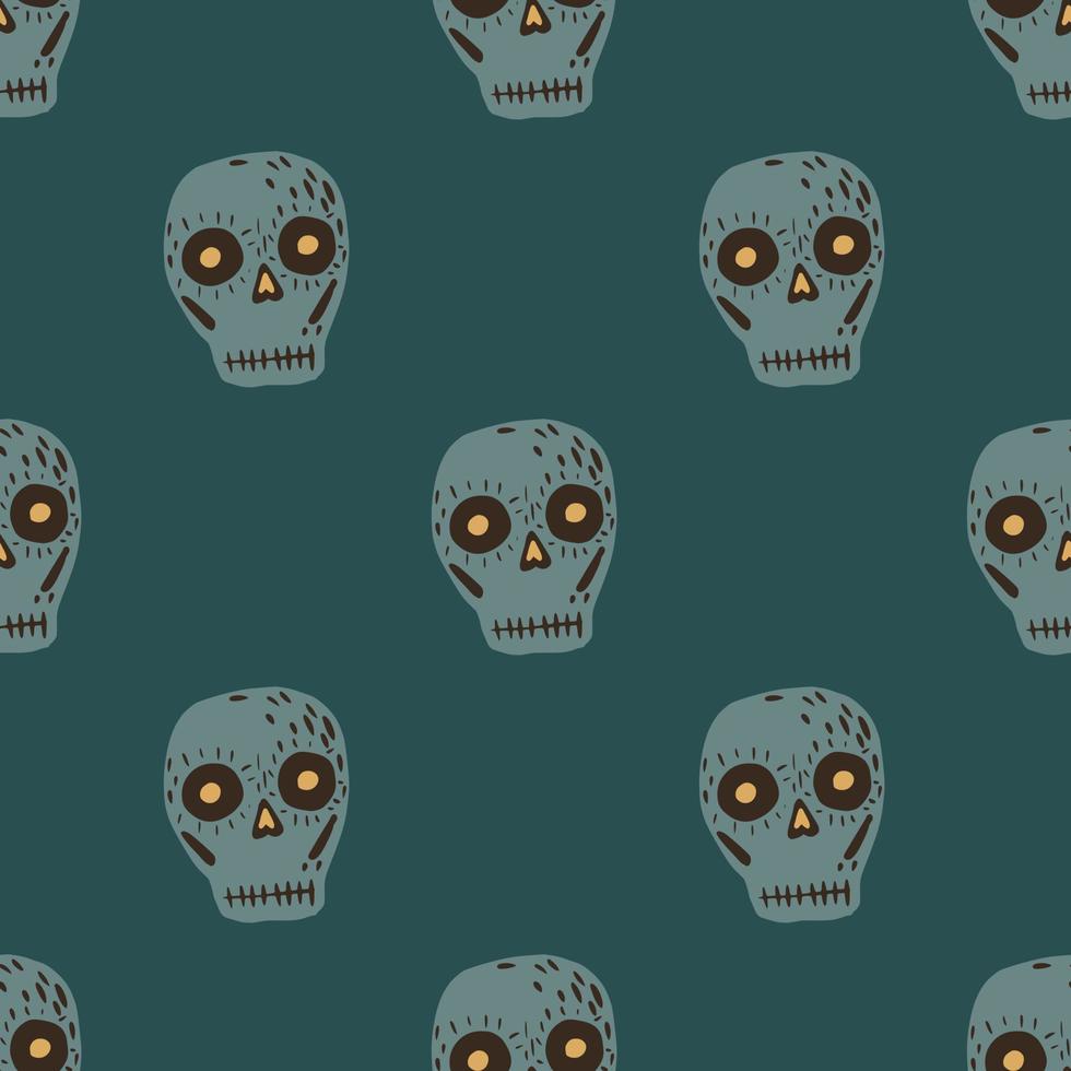 Day of death seamless traditional pattern with doodle skull ornament. Turquoise background. vector