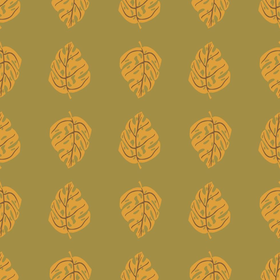 Botanic jungle seamless pattern with orange hand drawn monstera ornament. Pale green olive background. vector