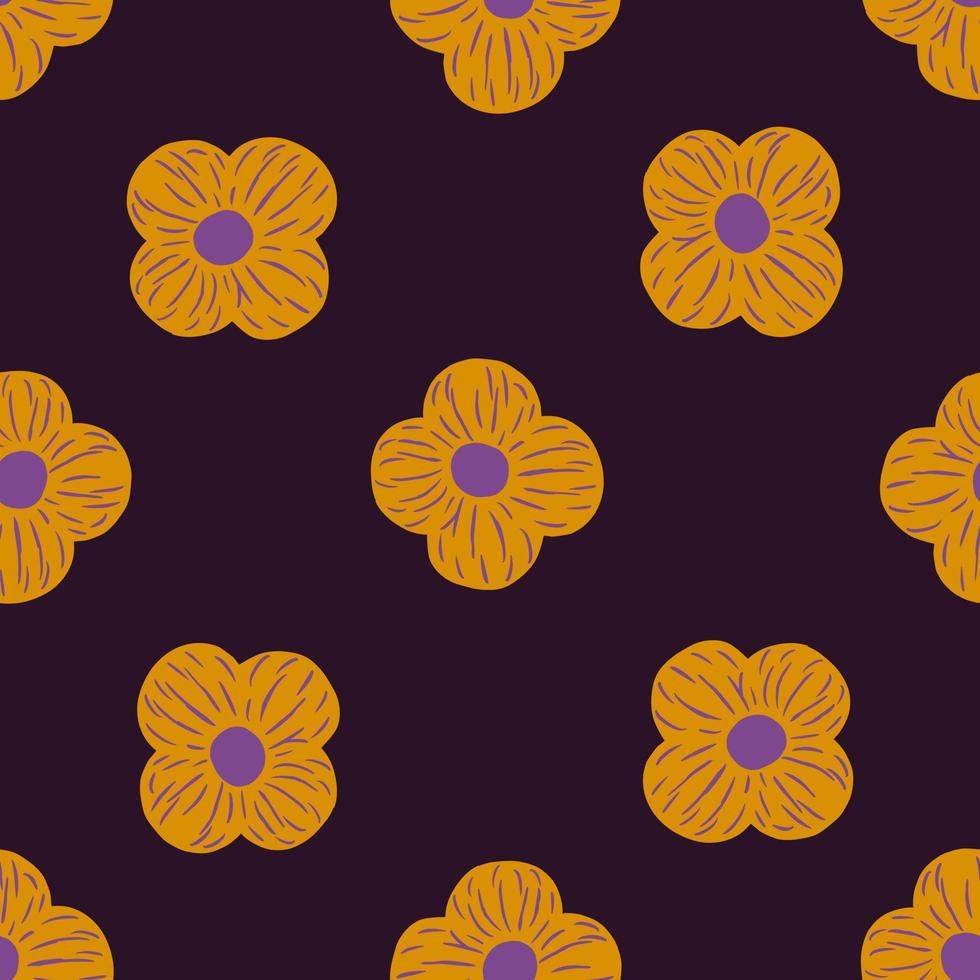 patrón botánico decorativo sin costuras con siluetas simples de flores de naranja. fondo morado oscuro. vector