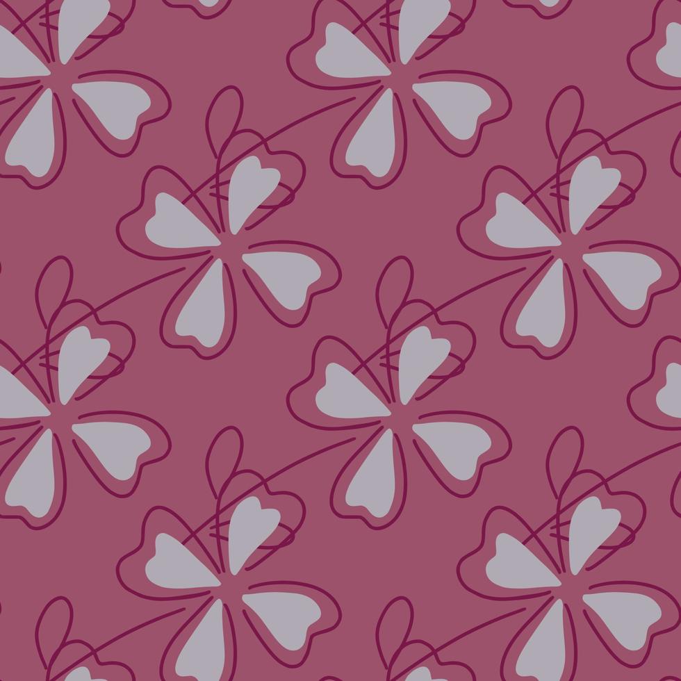 Happy seamless pattern with grey clover leaves shapes. Pale pink background. Decorative floral lucky backdrop. vector