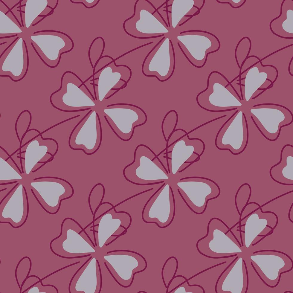 Happy seamless pattern with grey clover leaves shapes. Pale pink background. Decorative floral lucky backdrop. vector