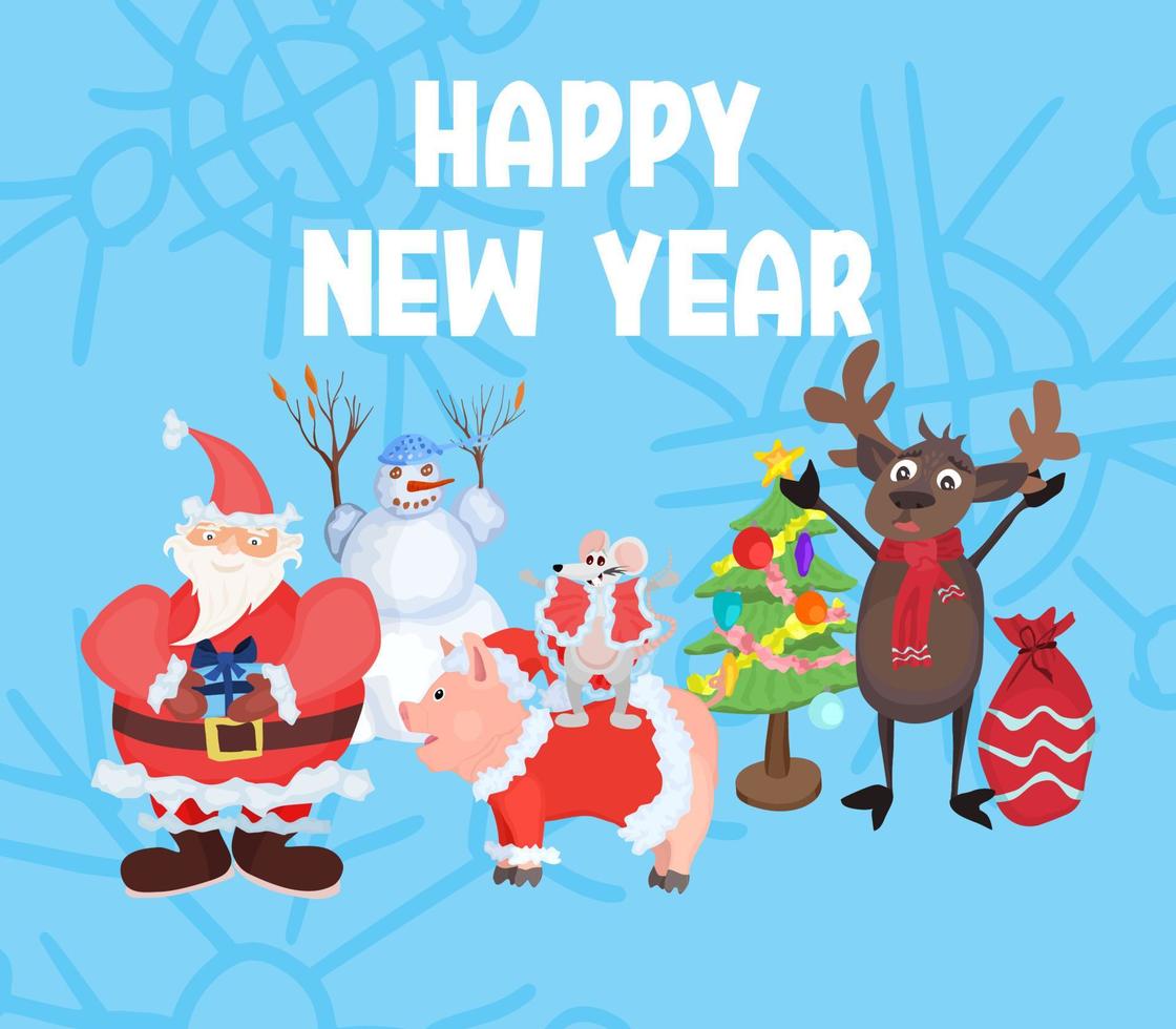 holiday poster. Deer and New Year characters vector