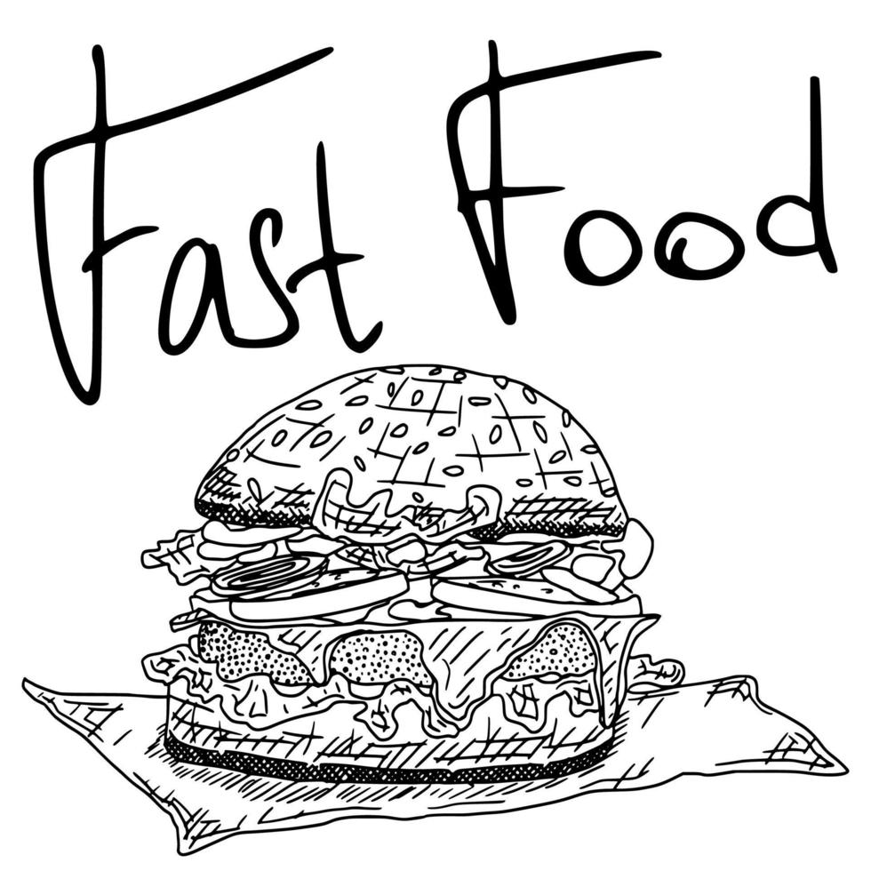 comida rápida hamburguesa doodle dibujo boceto contorno vector