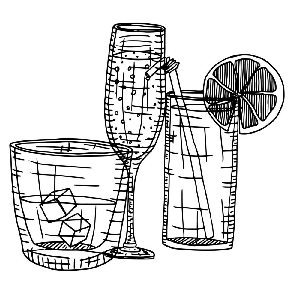 vasos con garabatos de champán de alcohol. vector