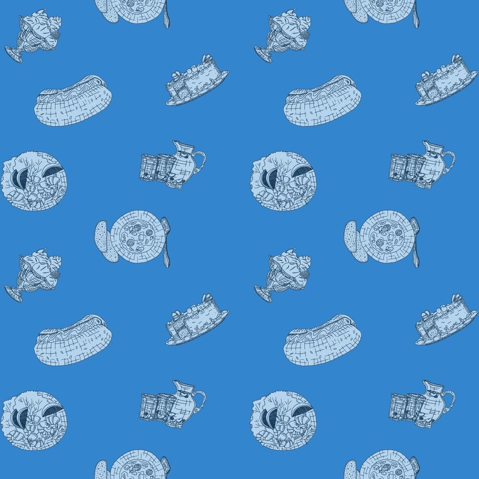 blue seamless pattern with doodles different food vector